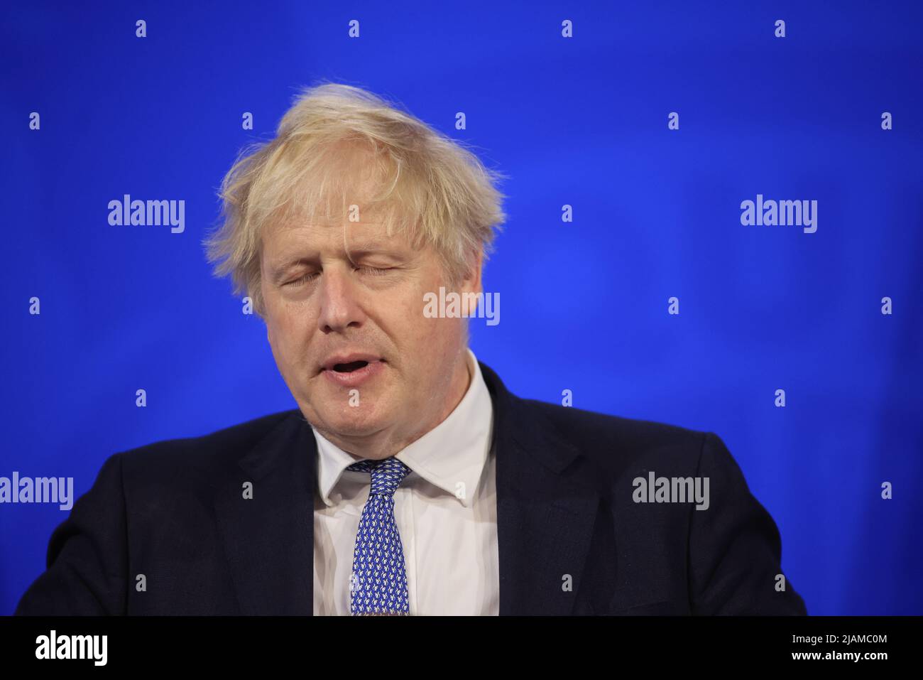 Premierminister Boris Johnson spricht auf einer Pressekonferenz als Reaktion auf die Veröffentlichung des Berichts von Frau Sau Gray in „Partygate“ in der Downing Street, Ma Stockfoto