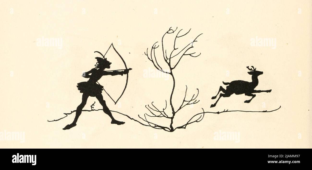 Hirschjagd Dornröschen Silhouetten Schwarz-Weiß-Illustration aus dem Buch ' La Belle au bois Dormant ' [The Sleeping Beauty] von Charles Perrault, 1628-1703; illustriert von Arthur Rackham, 1867-1939 Erscheinungsdatum 1920 Verlag Paris : Librairie Hachette Stockfoto