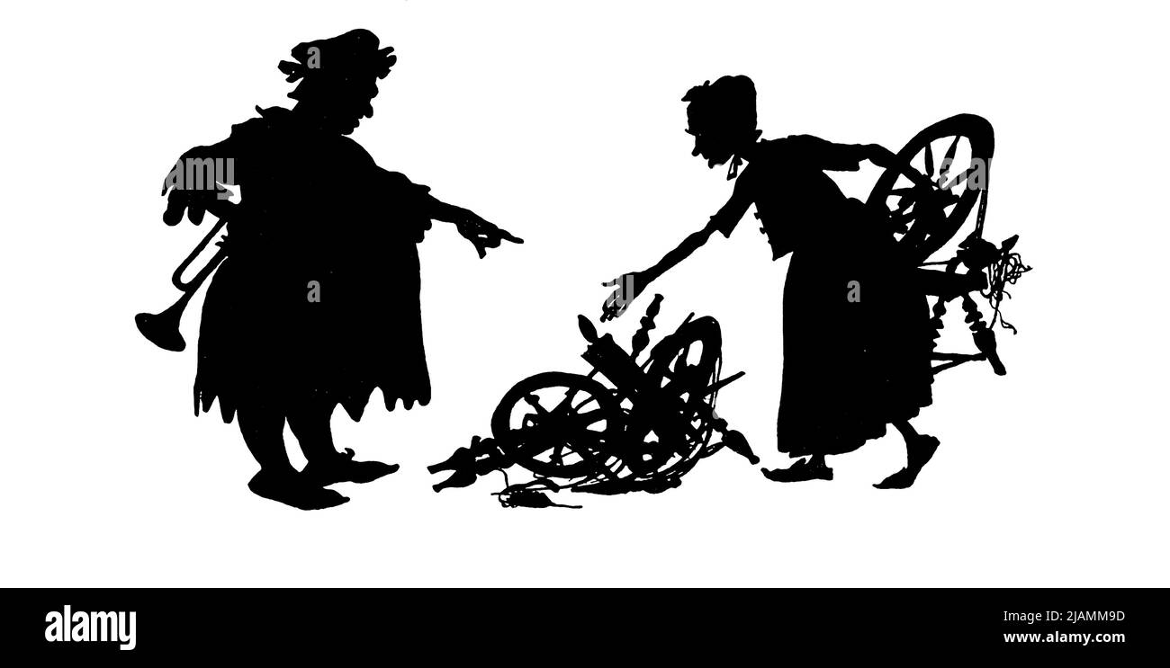 Burning all Spindles Sleeping Beauty Silhouetted Schwarz-Weiß-Illustration aus dem Buch ' La Belle au bois Dormant ' [The Sleeping Beauty] von Charles Perrault, 1628-1703; illustriert von Arthur Rackham, 1867-1939 Erscheinungsdatum 1920 Herausgeber/Verlag Paris : Librairie Hachette Stockfoto