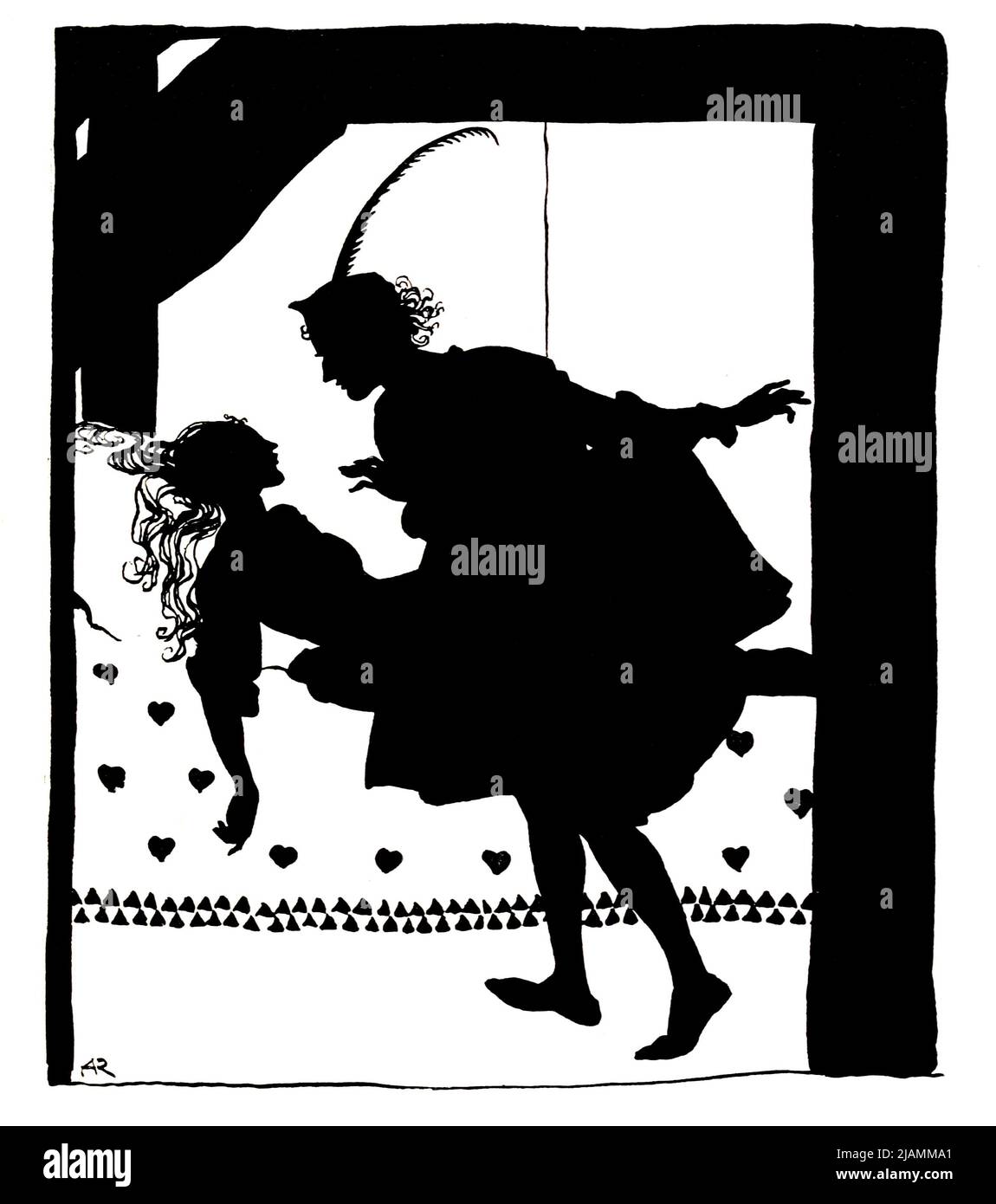 Prince Charming weckt sie mit einem Kuss Dornröschen Silhouetten schwarz-weiß Illustration aus dem Buch ' La Belle au bois Dormant ' [The Sleeping Beauty] von Charles Perrault, 1628-1703; illustriert von Arthur Rackham, 1867-1939 Erscheinungsdatum 1920 Herausgeber/Verlag Paris : Librairie Hachette Stockfoto