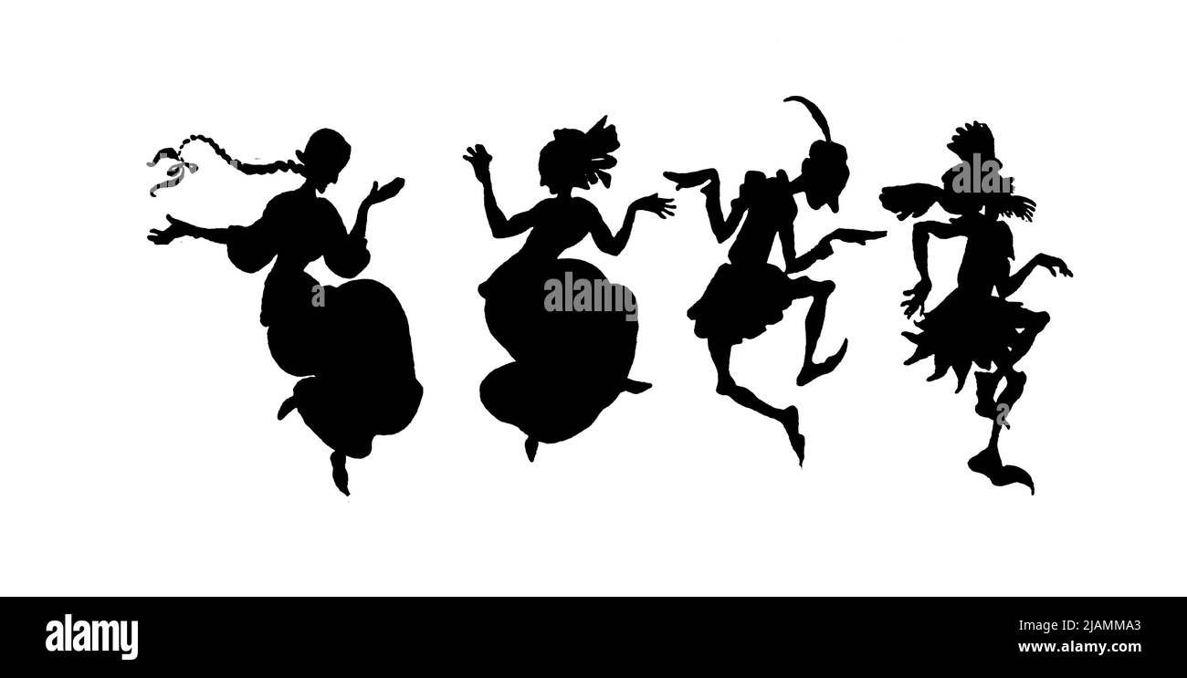 Und es gab viel Jubelei Sleeping Beauty Silhouetten schwarz-weiß Illustration aus dem Buch ' La Belle au bois Dormant ' [The Sleeping Beauty] von Charles Perrault, 1628-1703; illustriert von Arthur Rackham, 1867-1939 Erscheinungsdatum 1920 Herausgeber Paris : Librairie Hachette Stockfoto