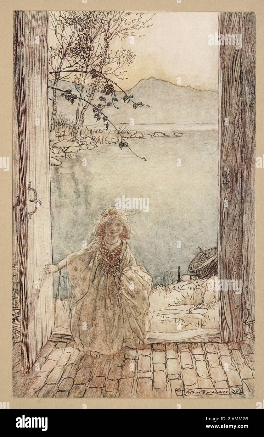 Ein schönes kleines Mädchen in reichen Kleidern stand dort an der Schwelle lächelnd aus dem Buch „ UNDINE “ VON DE LA MOTTE POUQUE; ADAPTEDFrom Deutsch von W. L. COURTNEY ILLUSTRIERT VON ARTHUR RACKHAM Veröffentlicht 1909 in London und New York Undine ist eine Märchennovelle (Erzählung) von Friedrich de la Motte Fouqué, in der Undine, ein Wassergeist, einen Ritter namens Huldebrand heiratet, um eine Seele zu gewinnen. 1811 veröffentlicht, ist es eine frühe deutsche Romanze, die ins Englische und andere Sprachen übersetzt wurde. Stockfoto