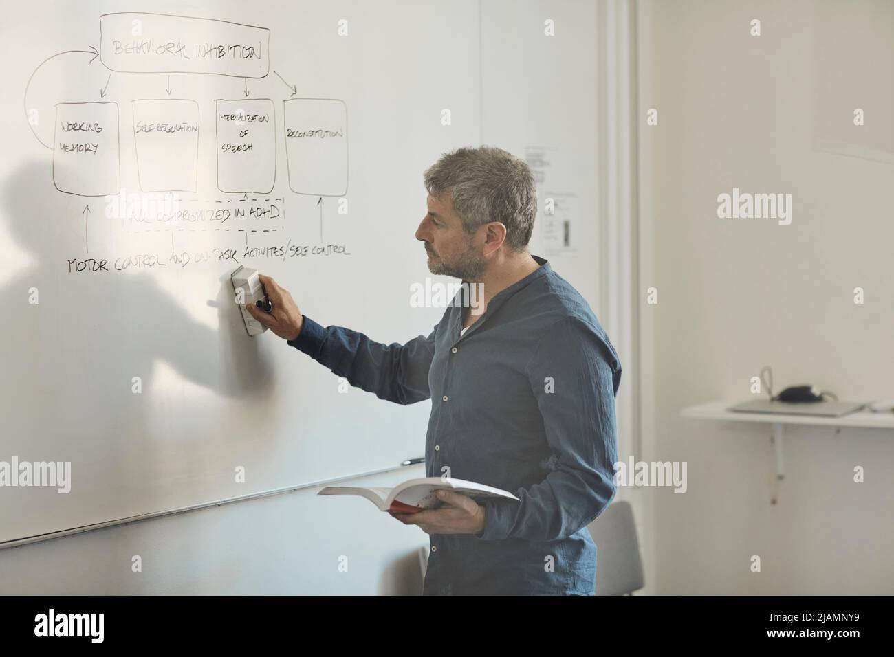 Seitenansicht des männlichen Lehrers, der das Diagramm vom Whiteboard löscht, während er das Buch im Klassenzimmer hält Stockfoto