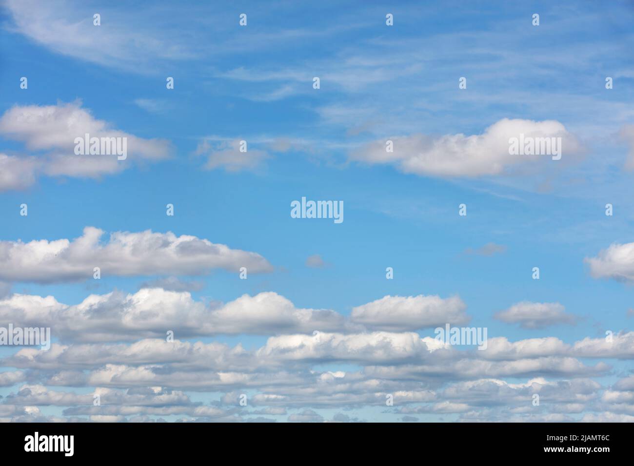 Weiße Wolken schweben im hohen Himmel, der sich zum Horizont hin erstreckt. Hintergrund und Textur der sauberen Atmosphäre. Speicherplatz kopieren. Stockfoto