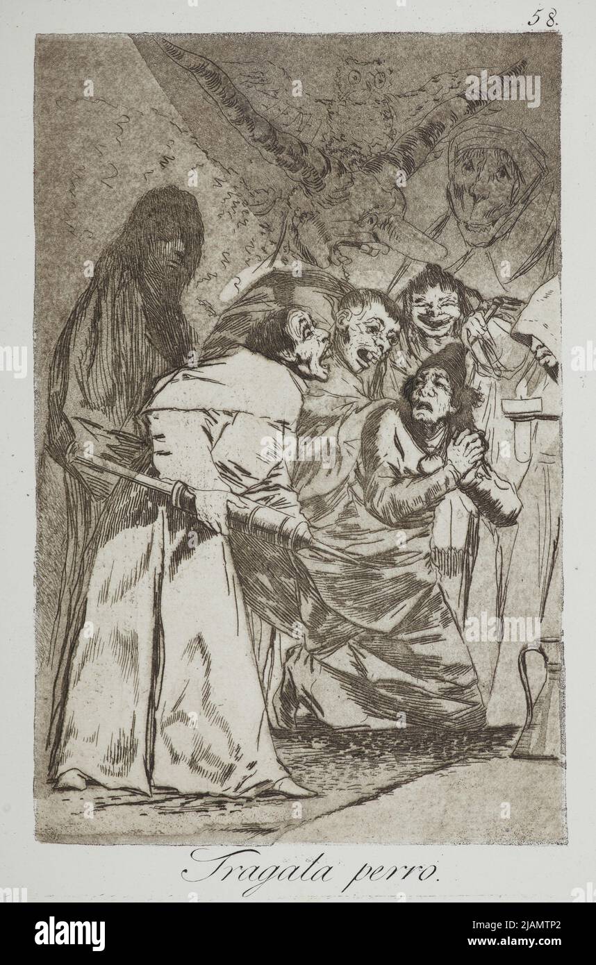 Tragala perro/Swallow it, Hund; Tafel Nr. 58 aus: „Los Caprichos“ Caprices, Hrsg. II, Madrid ca. 1855 Goya, Francisco de (1746 1828) Stockfoto