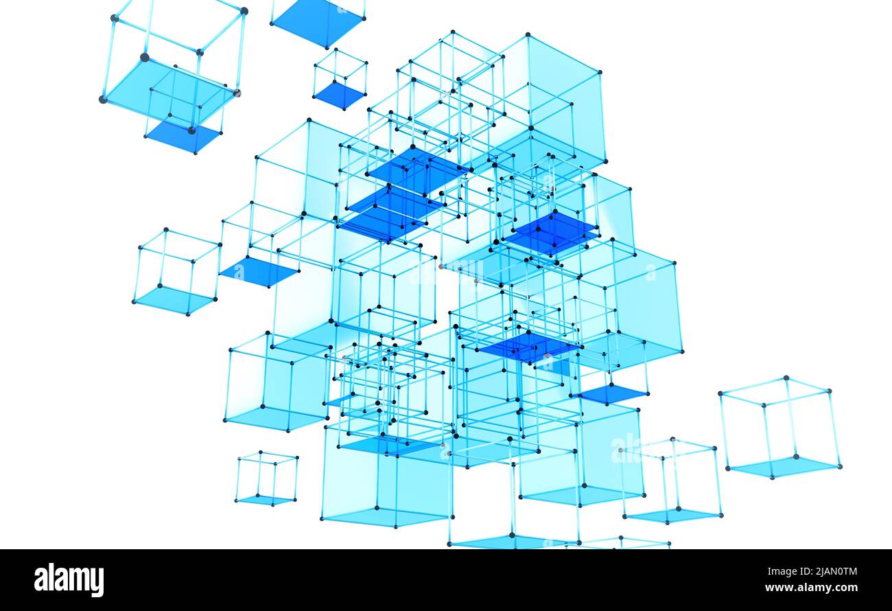Abstrakte geometrische Komposition. Volumetrische Würfel auf hellem Hintergrund. Datenblöcke, die im Cyberspace verschoben wurden. 3D Abbildung Stockfoto