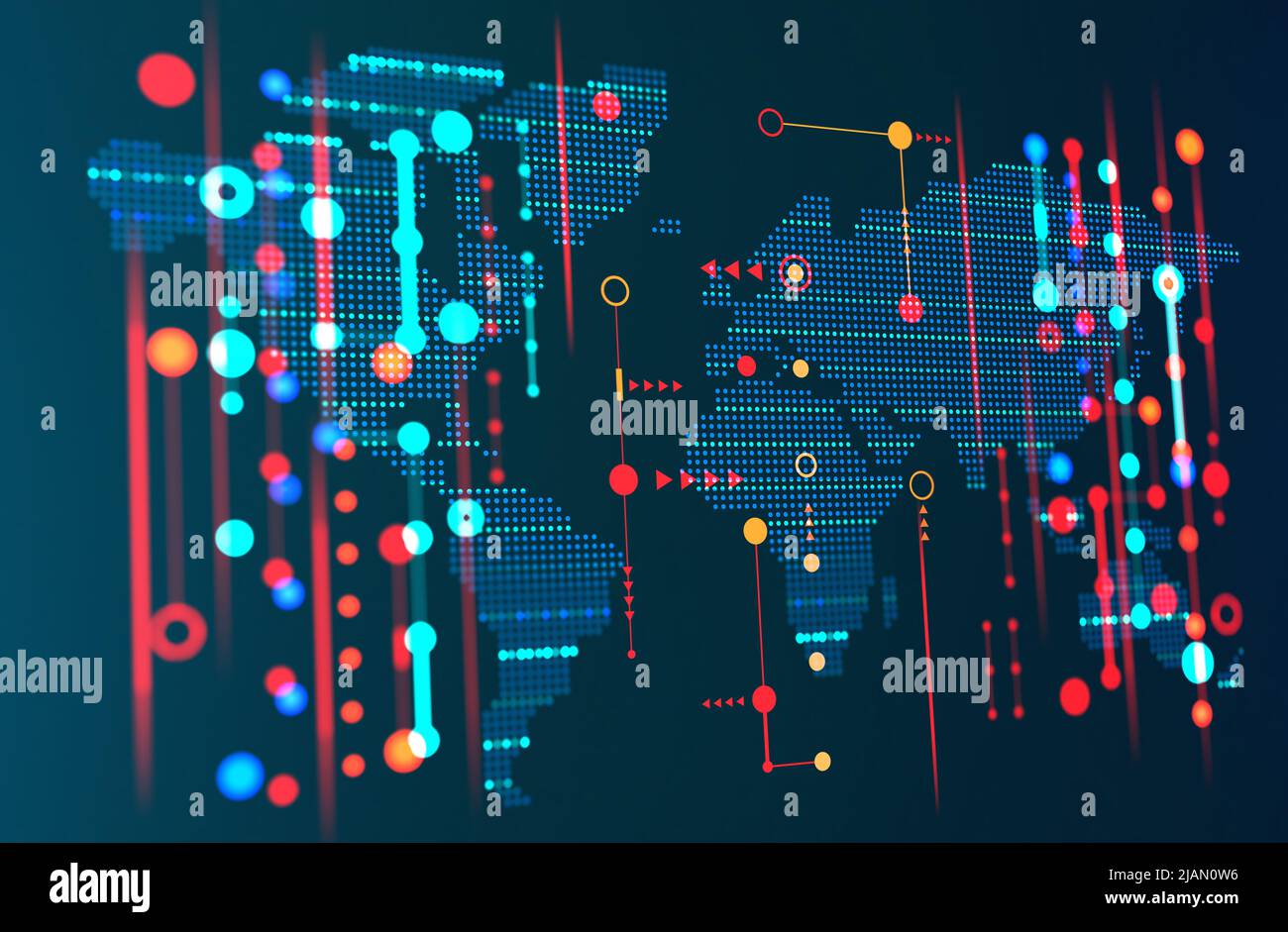 Globale Logistik, Karte des Warenverkehrs, kontinentaler Transport, Austausch und Datenschutz. 3D Abbildung des digitalen Kartenbildschirms mit Diagramm Stockfoto