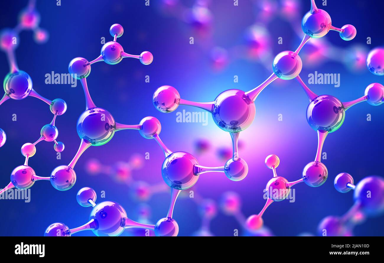 Abstraktes Molekülmodell. Wissenschaftliche Forschung in der molekularen Chemie. 3D Abbildung auf einem perlblauen Hintergrund Stockfoto
