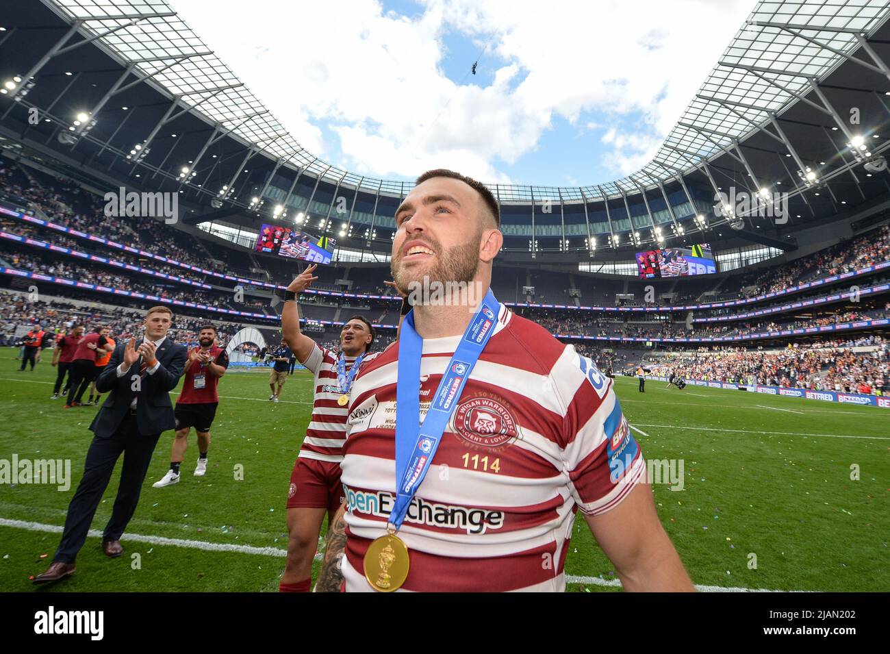 London, England - 28.. Mai 2022 - Kade Ellis von Wigan Warriors feiert. Rugby League Sundeck 1895 Cup Final Featherstone Rovers vs Leigh Centurions im Totenham Hotspur Stadium, London, UK Dean Williams Stockfoto