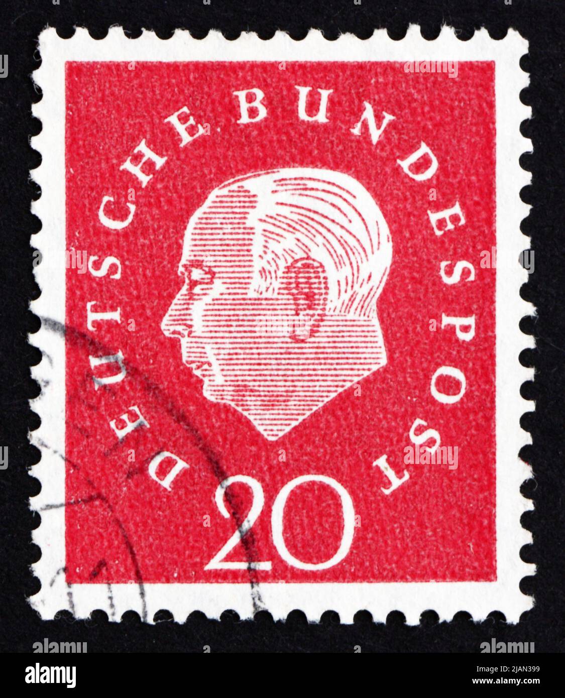 DEUTSCHLAND - UM 1959: Eine in Deutschland gedruckte Briefmarke zeigt Theodor Heuss, 1. Präsident der Bundesrepublik Deutschland, 1949-1959, um 1959 Stockfoto