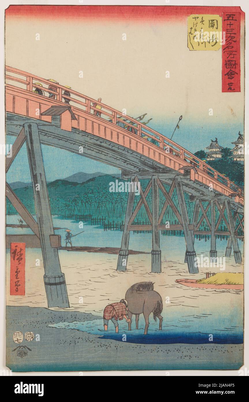 Okazaki-Brücke über den Yahagi-Fluss, Tafel 39 aus der Serie: Präsentation berühmter Stadtviertel der 53 Etappen der Tokaido-Straße/Gojusan tsugi meisho zue Stockfoto