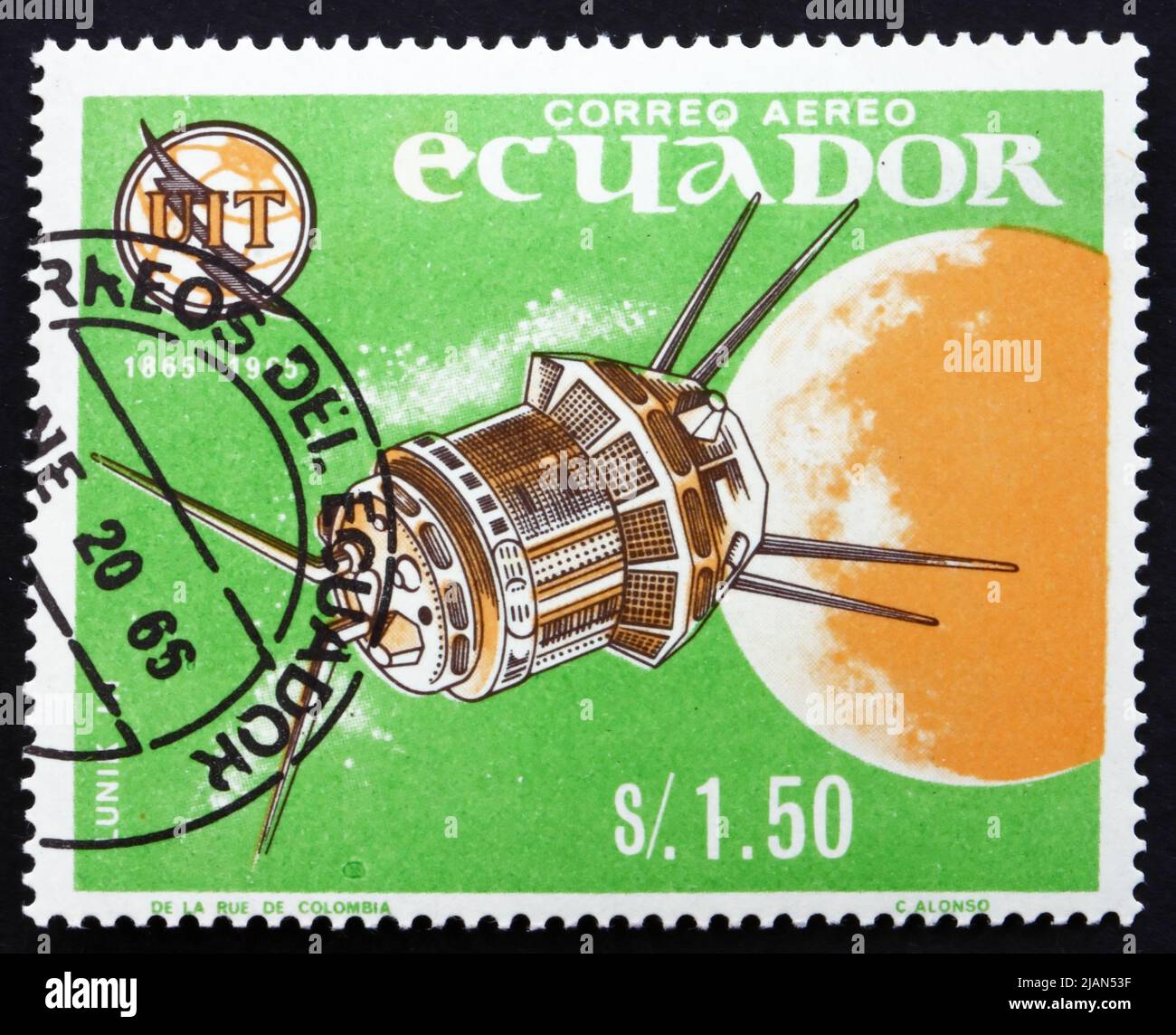 ECUADOR - UM 1966: Eine in Ecuador gedruckte Briefmarke zeigt Luna 3, Sowjetische Raumsonde, erste Bilder von der anderen Seite des Mondes, um 1966 Stockfoto