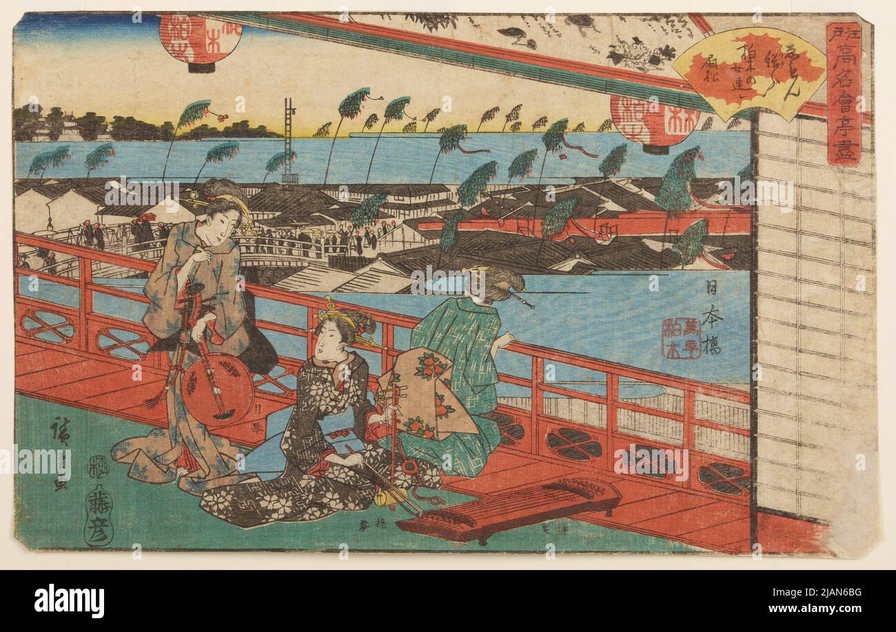 Blick von der Taverne auf der Nihonbashi-Brücke, aus der Serie: Reihe berühmter Tavernen in Edo. Eine Sammlung satirischer Gedichte /Edo komei kai tei zukushi. Kyoku awase Stockfoto