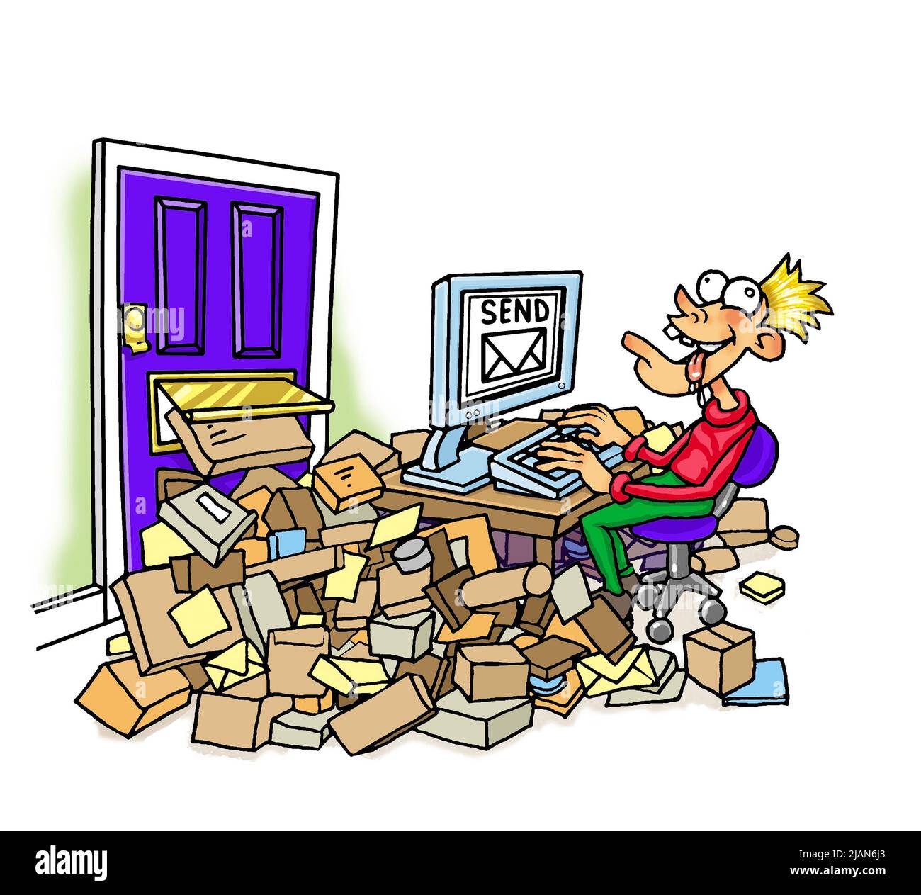Lustige Cartoon-Kunst Mann Mail-Bestellung einkaufen. Shopaholics, Online-Shopping, Shopping leicht gemacht, Black Friday Angebote, E-Shopping, Konsumkultur. Stockfoto