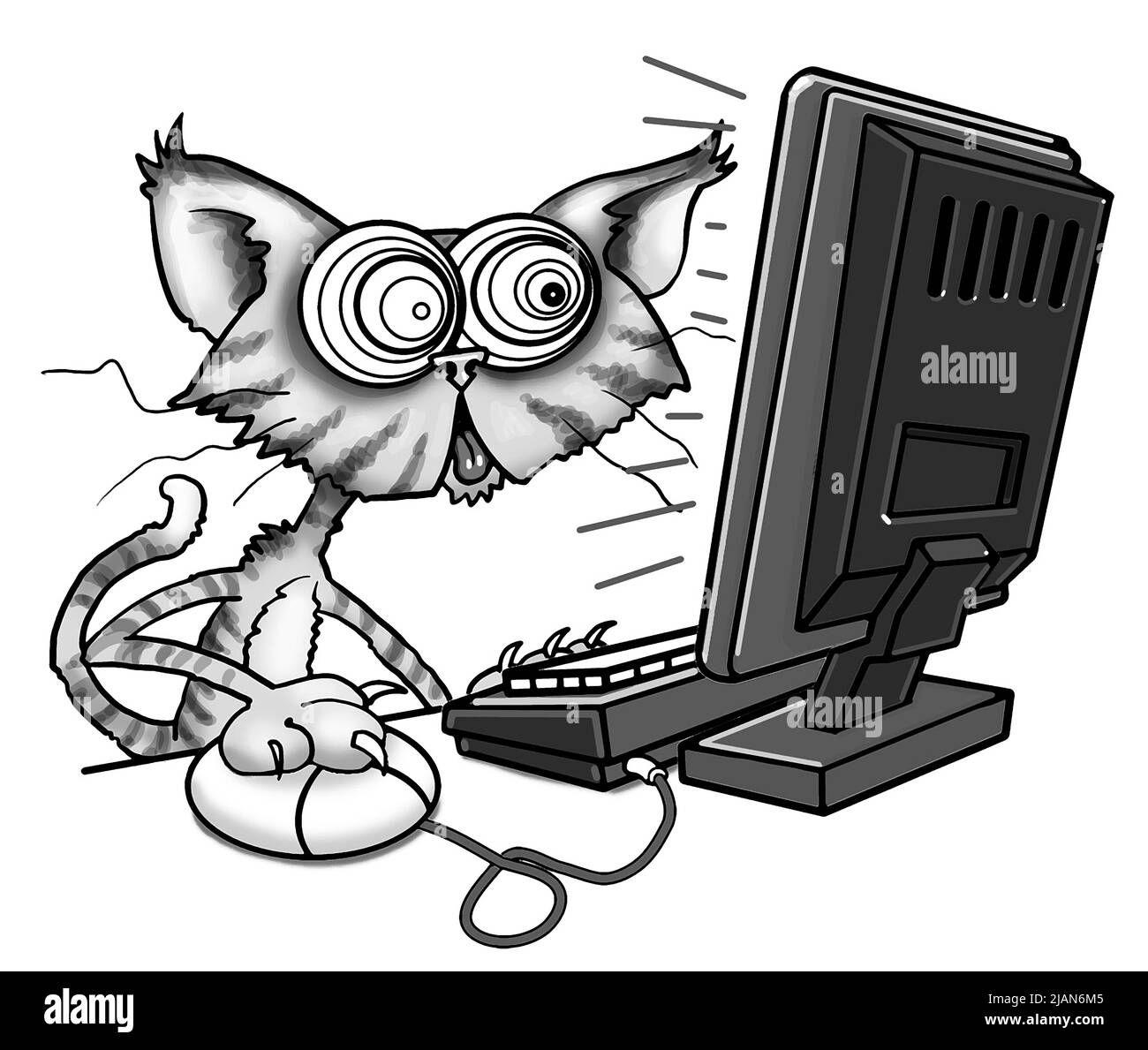 Lustige schwarz-weiße Cartoon-Kunst-Katze mit Computer, vielleicht einkaufen oder streamen, Haustiere in lustigen Situationen, wenn Katzen ihr eigenes Essen kaufen könnten, Haustier-Apps. Stockfoto