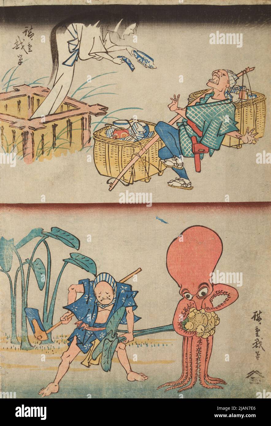 Zwei lustige Szenen Mann und eine Erscheinung. Der Mensch und ein Oktopus HIROSHIGE, Ichiryusai (1797 1858) Stockfoto