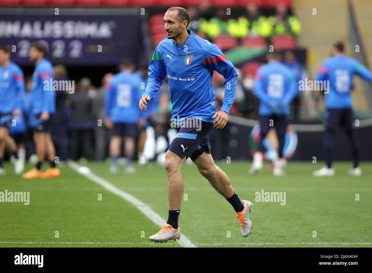 London, Großbritannien. 31.. Mai 2022. Giorgio Chiellini aus Italien in Aktion beim Training für das Finalissima-Spiel. Training der italienischen Mannschaft im Wembley-Stadion am 31.. Mai 2022 vor dem Spiel Finalissima 2022, Italien gegen Argentinien morgen in London. Nur zur redaktionellen Verwendung. PIC by Steffan Bowen/Andrew Orchard Sports Photography/Alamy Live News Credit: Andrew Orchard Sports Photography/Alamy Live News Stockfoto