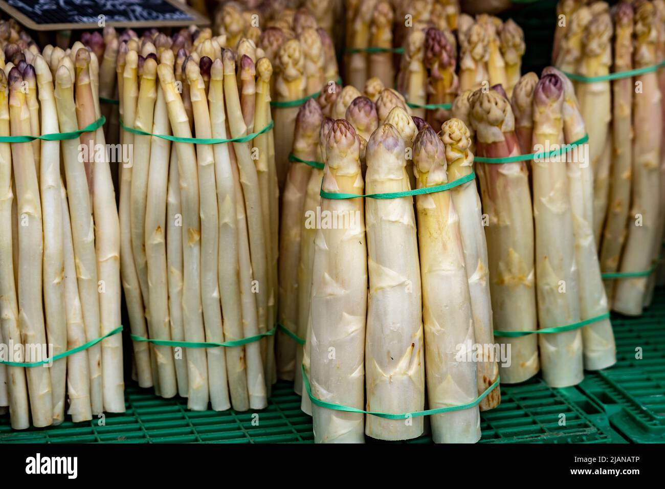 Weißer Spargel zum Verkauf auf dem Freiluftmarkt in Straßburg, Frankreich Stockfoto