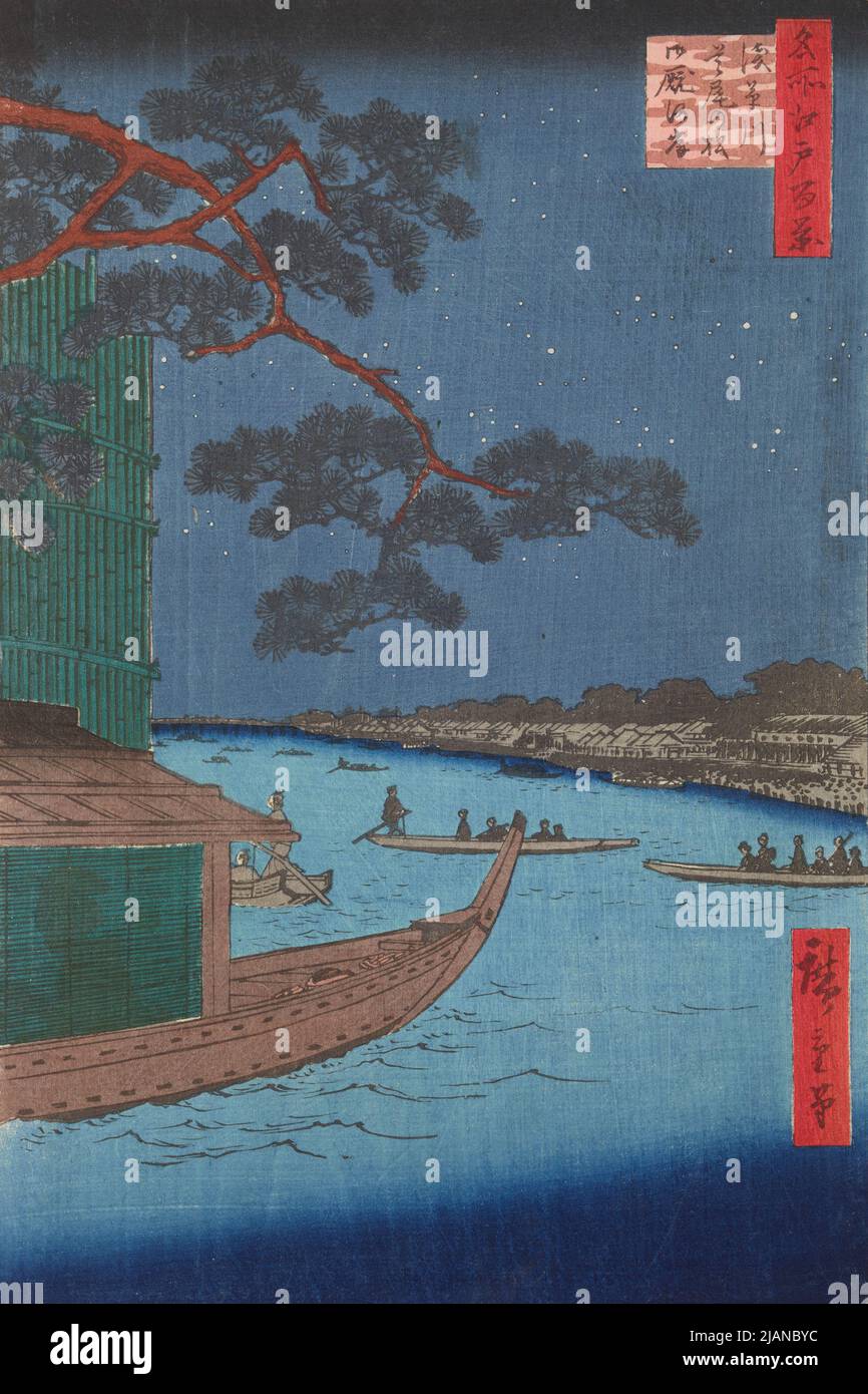 Shubi Pine über der Furt eines Pferdes auf dem Asakusa River /Asakusagawa Shubie no matsu Ommayagashi, Tafel 54 aus der Serie: Hundert berühmte Ansichten von Edo /Meisho Edo hyakkei HIROSHIGE, Ichiryusai (1797 1858) Stockfoto