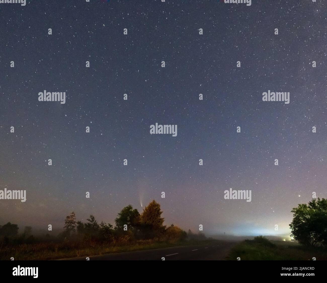 Komet Neowise C2020 F3, wie er im Sommerhimmel über einer Wiese in der Nähe der Landstraße, Region Lviv, Ukraine fliegt. Stockfoto