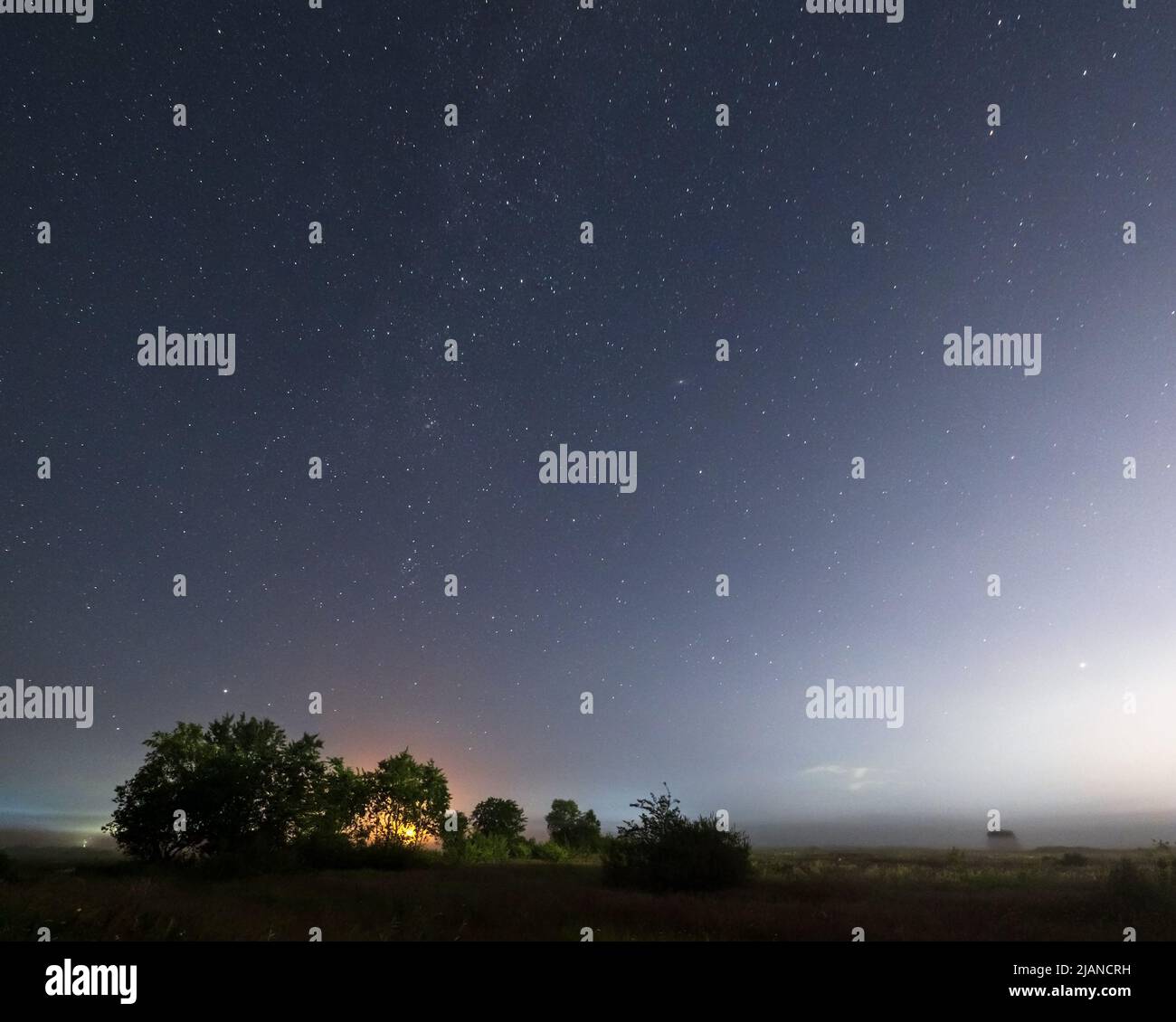Komet Neowise C2020 F3, wie er im Sommerhimmel über einer Wiese in der Nähe der Landstraße, Region Lviv, Ukraine fliegt. Stockfoto