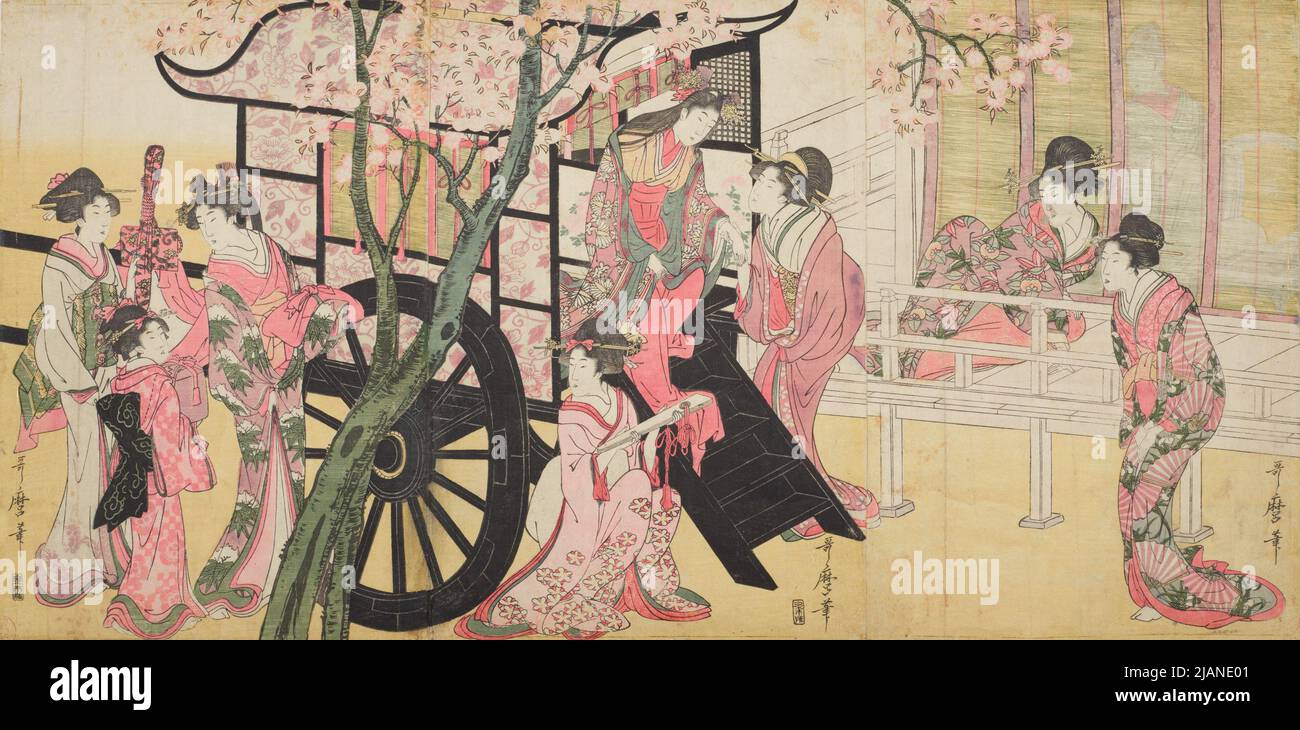 Prinzessin aus der Familie Tokugawa steigt aus der Kutsche aus, umgeben von den Damen KITAGAWA, UTAMARO (1753 1806) Stockfoto