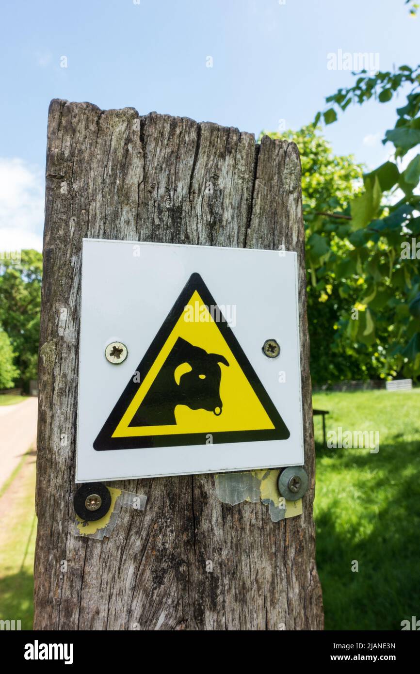 Vorsicht vor dem Bullenwarnschild an einem Zaunpfosten. Gelbes Dreieck mit Silhouette des Stiers. Stockfoto