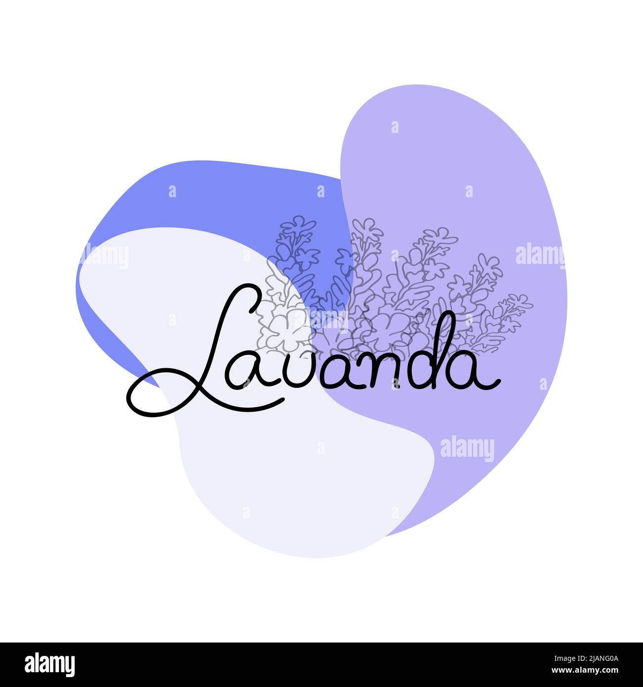 Abstrakte lila Formen mit Lavanda-Schriftzug und Lavendelblüten. Stock Vektor