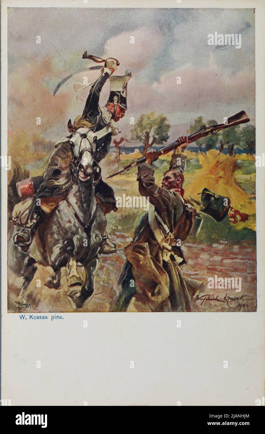 KOSSAK Wojciech Skirmish eines Uhlans aus dem Regiment 2. mit einem russischen Wanderer Verlag von Salon Polish Painters, Kraków Stockfoto
