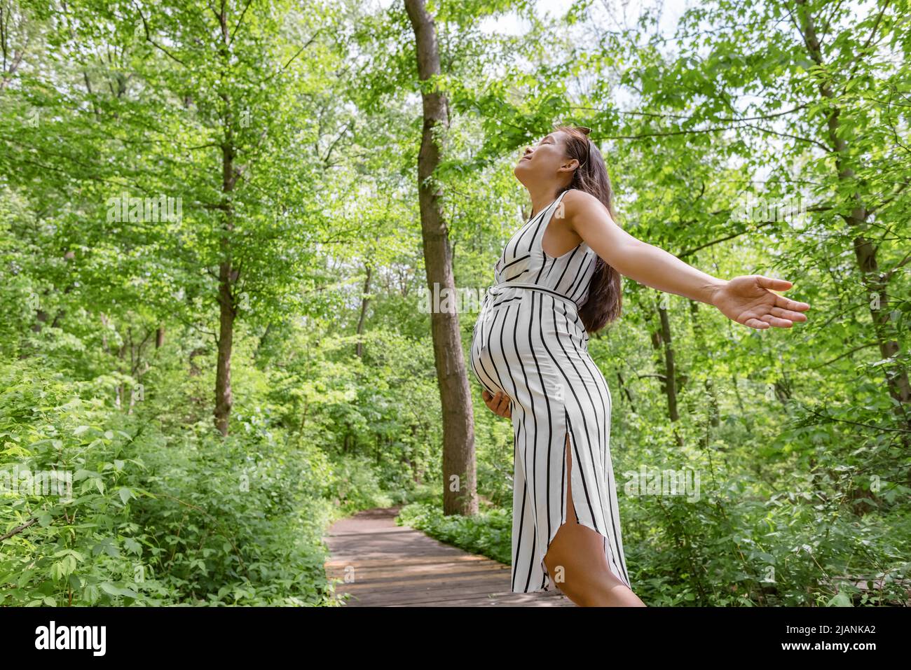 Schwangere glücklich in nachhaltiger Waldnatur im Freien mit offenen Armen in Freiheit. Gesundheits- und umweltfreundliches Umweltschutzkonzept. Schwangerschaft Stockfoto