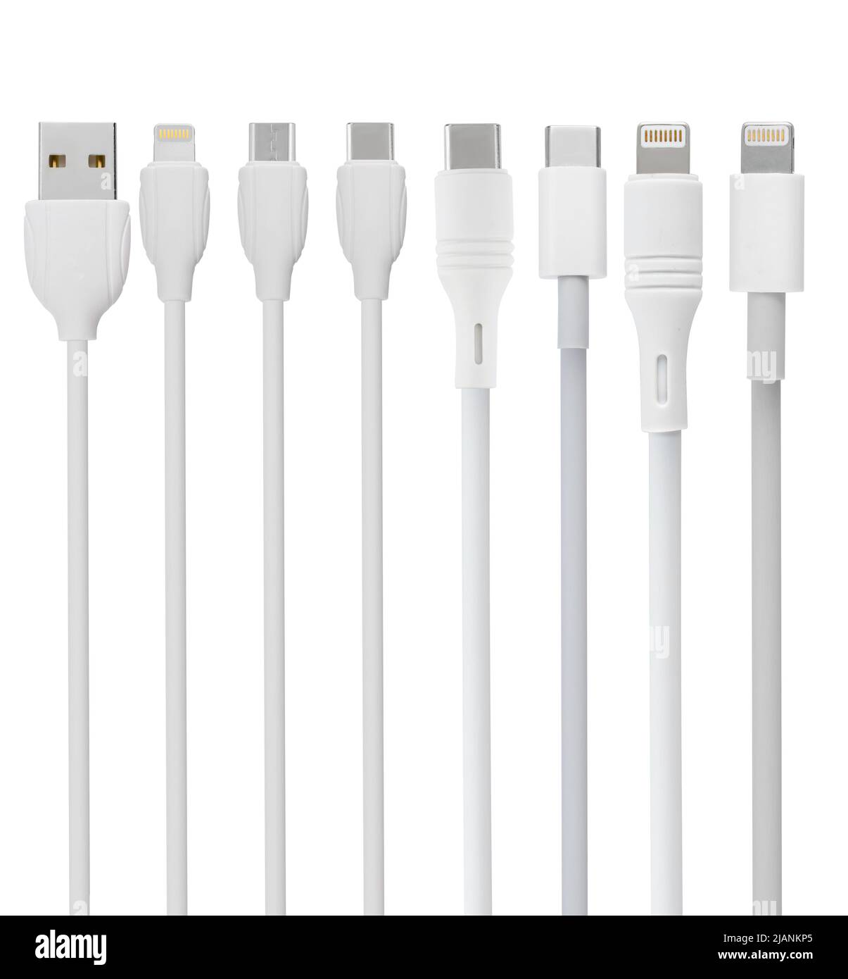 Kabel und Stecker für USB, Typ-C, Micro-USB, Lightning, auf weißem Hintergrund isoliert, Collage Stockfoto