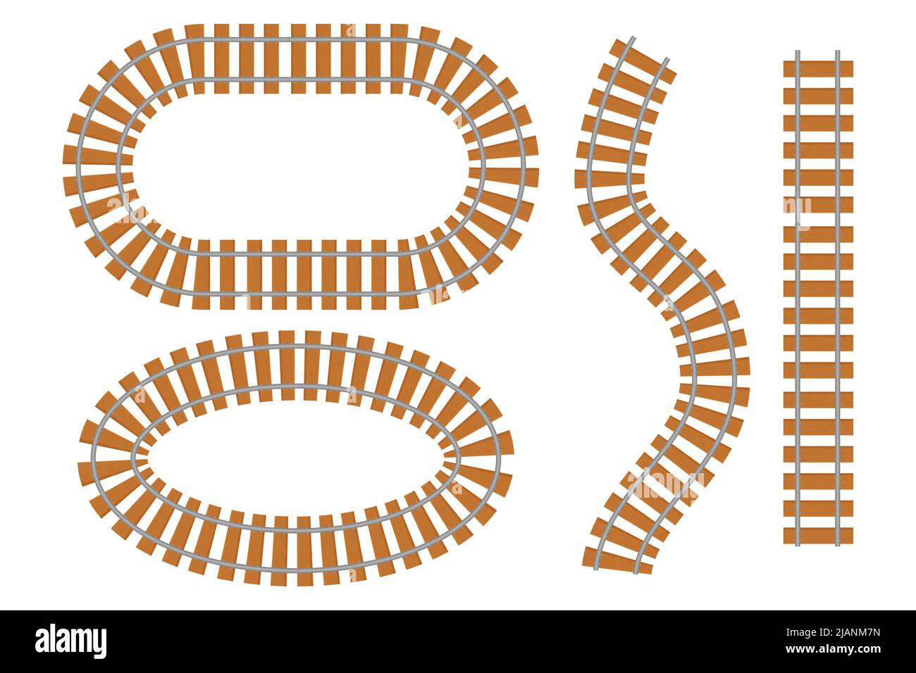 Rail Way Kollektion Draufsicht, Zugstraße im Cartoon-Stil isoliert auf weißem Hintergrund. Kurvenlinie einstellen Eisenbahn. . Vektorgrafik Stock Vektor