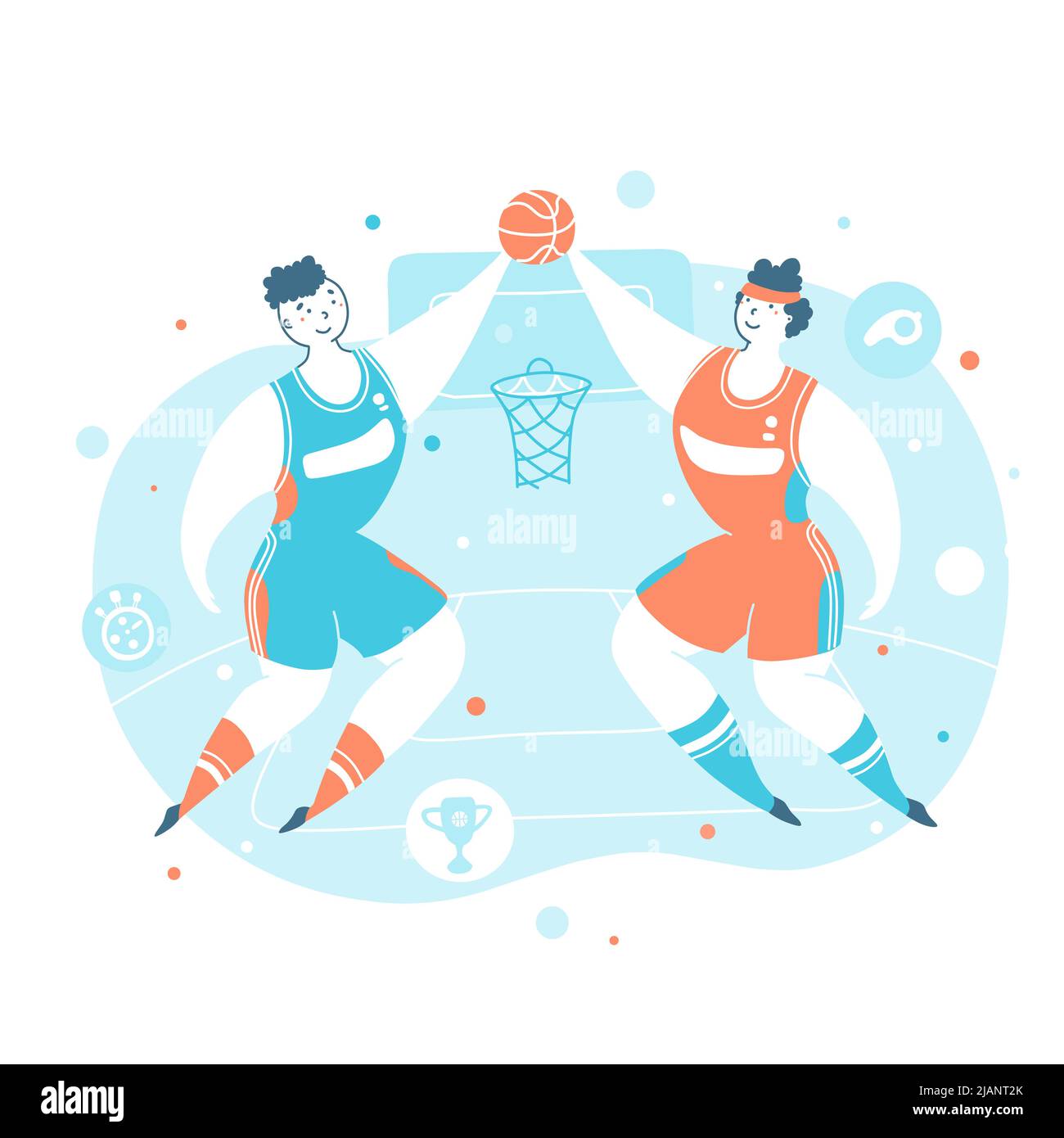 Professionelle Basketball-Meisterschaft Spiel flache Vektor-Illustration. Gegenüber Teamspielern, Sportler in Uniform konkurrierenden Comic-Figuren. Lächelnd Stock Vektor