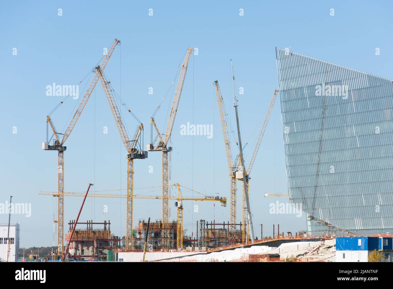 Viele Baukräne auf einer großen Baustelle Stockfoto