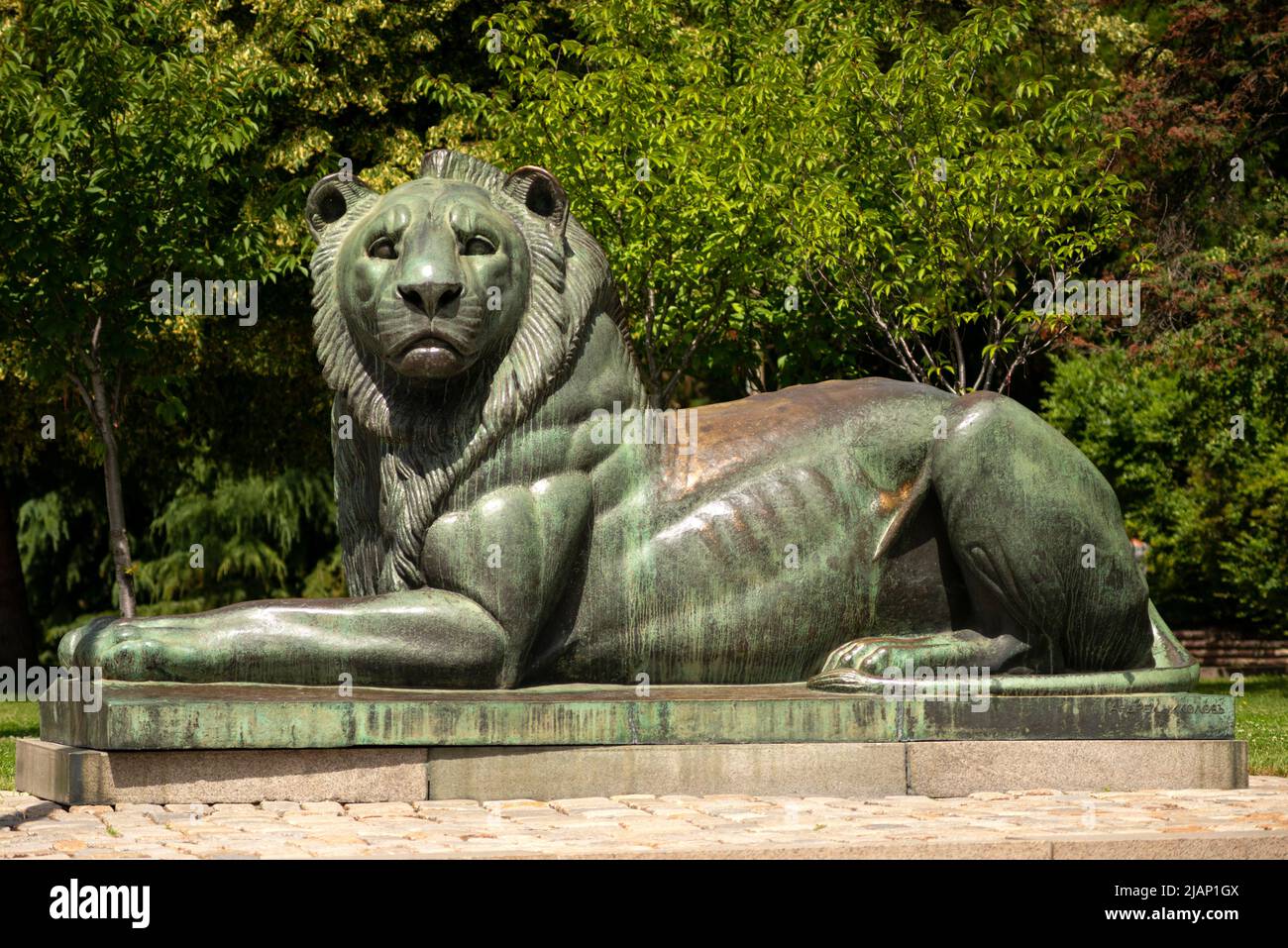 Detailreiche Skulptur des Löwen als nationales Symbol Bulgariens in Sofia, Osteuropa, Balkan, EU Stockfoto