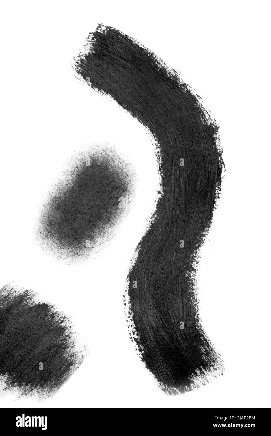 Schwarzer Pinsel streichelt Ölfarben auf weißem Papier. Isoliert auf weißem Hintergrund. Abstrakter kreativer Hintergrund Stockfoto