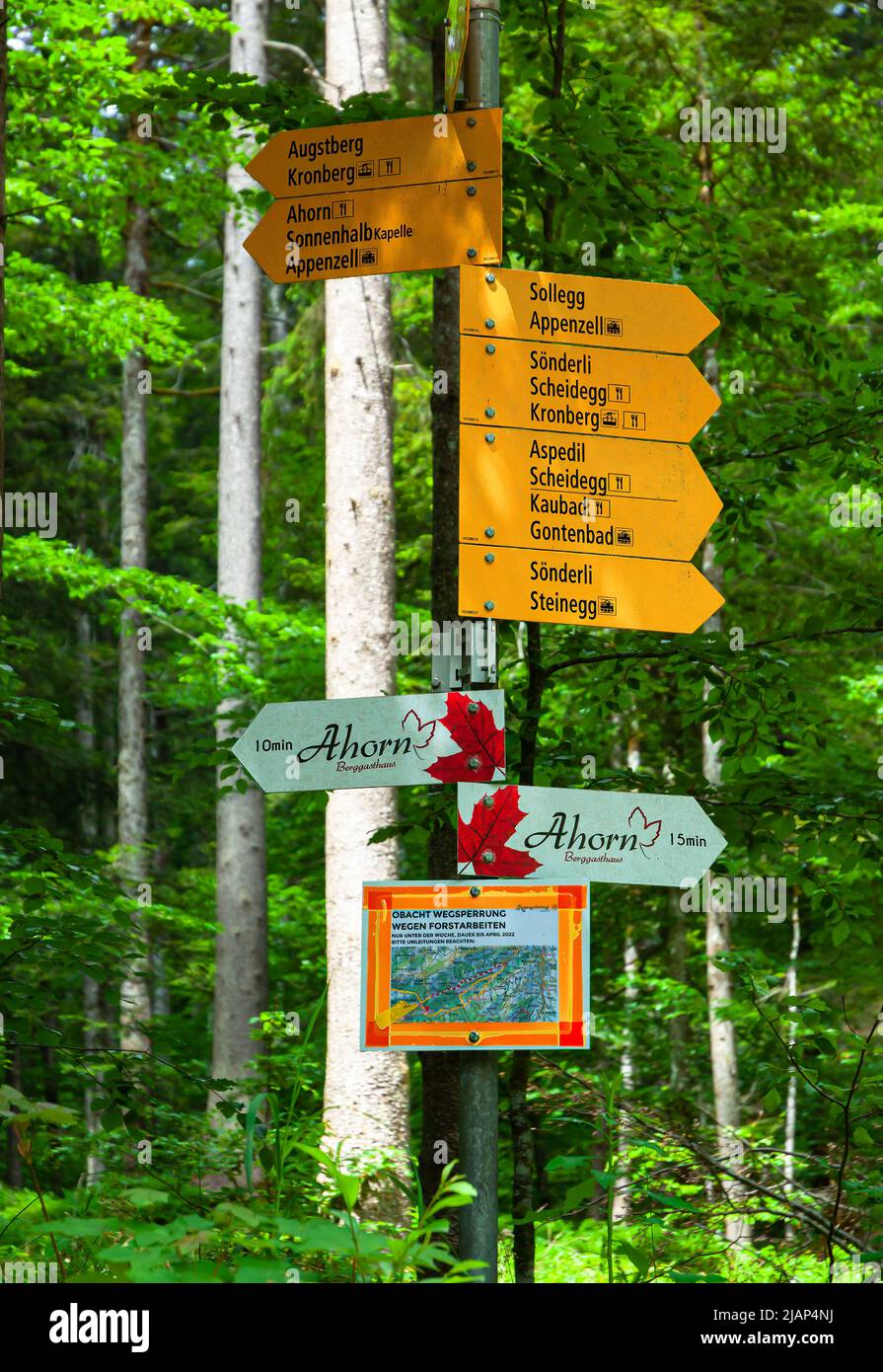 Verschiedene Schilder für Wanderwege in der Region Appenzell und Ahorn in der Schweiz Stockfoto