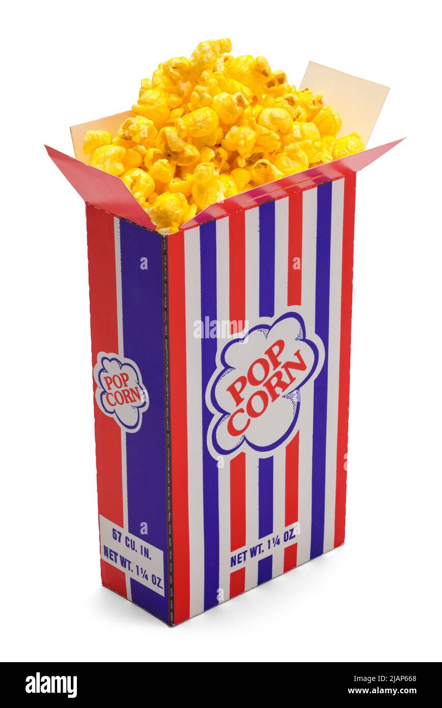 Volle Schachtel Popcorn mit Butter, auf Weiß geschnitten. Stockfoto