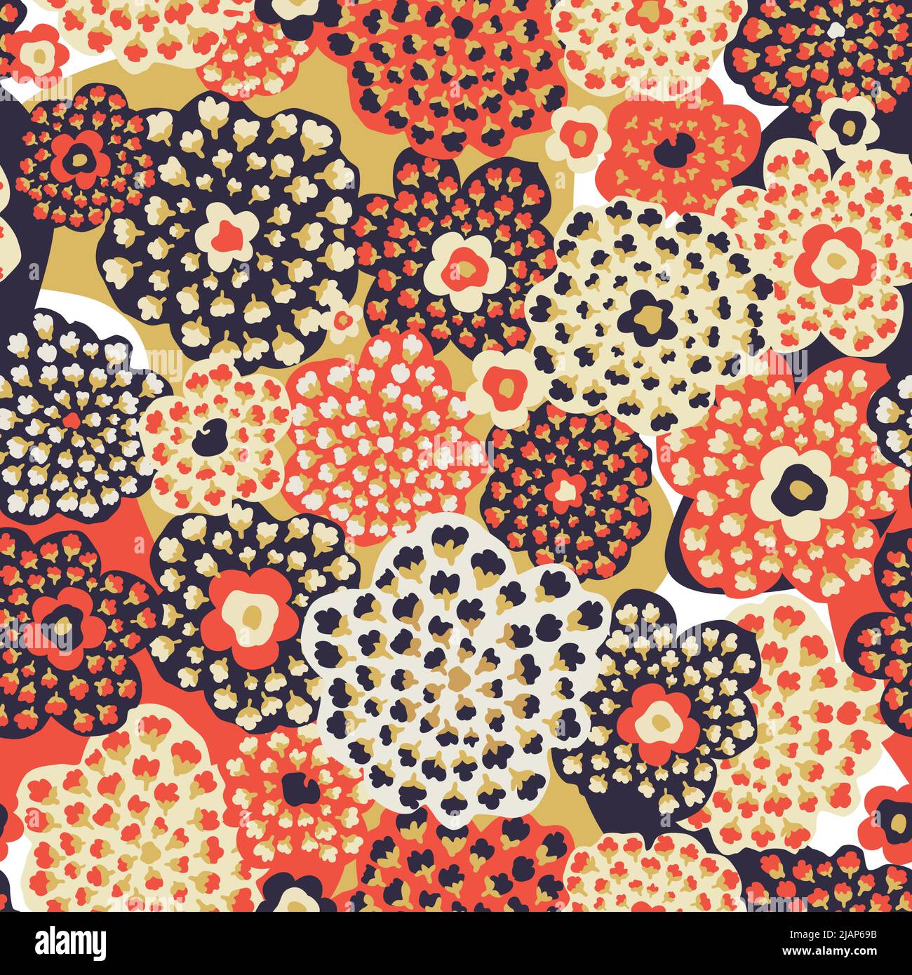 Abstraktes, nahtloses Blumenmuster mit Punkten und Blättern. Ornamental gezeichnete Struktur. Künstlerische stilvolle Blume Blüte Hintergrund. Stock Vektor
