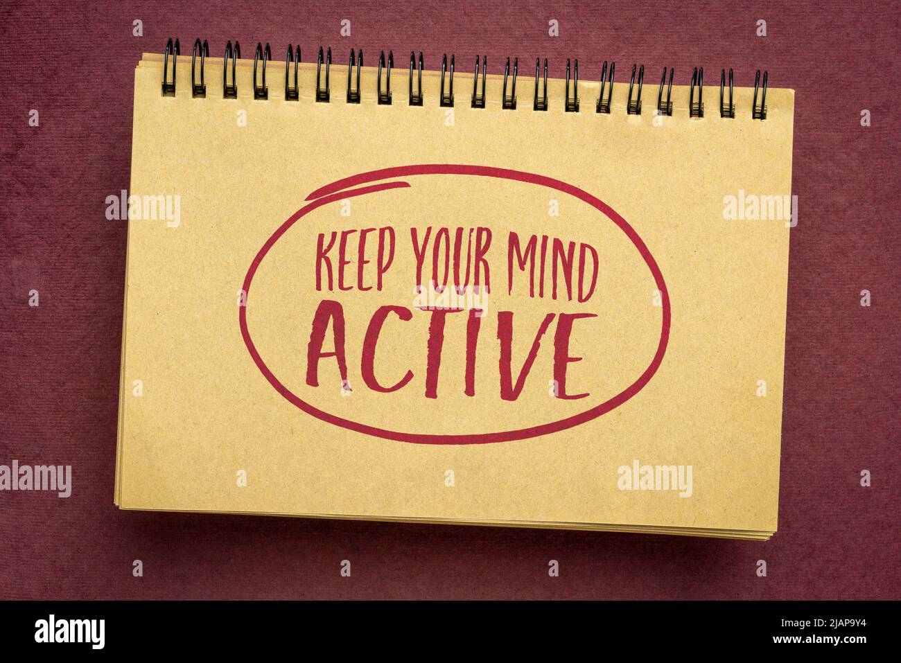 Halten Sie Ihren Geist aktiv, inspirierende Handschrift in einem Notizbuch, persönliche Entwicklung und psychische Gesundheit Konzept Stockfoto