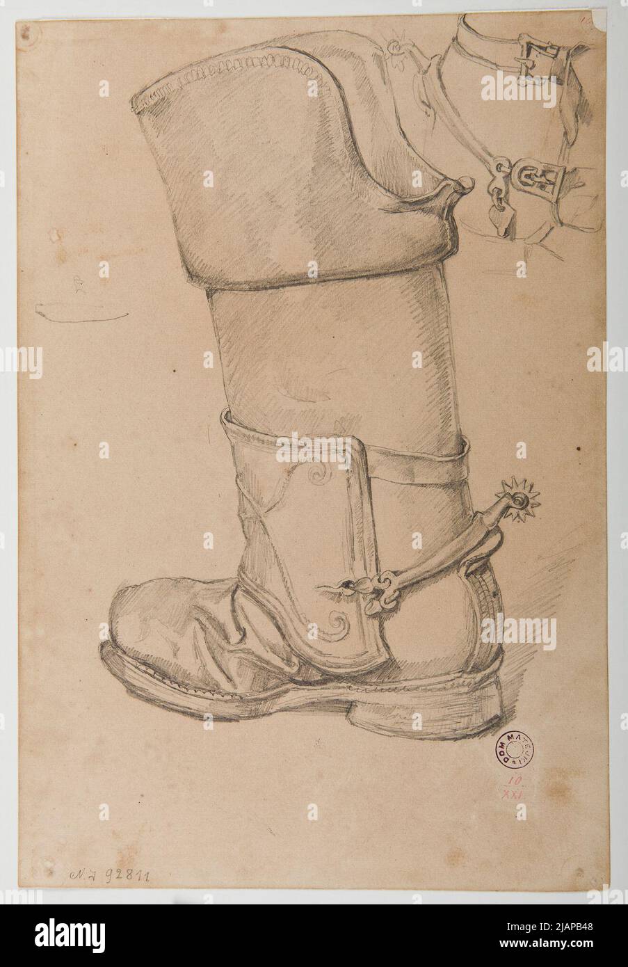 Kunstvoll gemachter Soldatenschuh mit den Spornen des 17.. Jahrhunderts. Matejko, Jan (1838 1893) Stockfoto