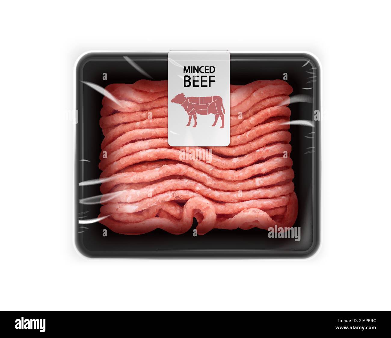 Rohe Hackfleischverpackungen in Kunststoff-Serviertablett mit Markierung Hackfleisch realistische Mockup Vektor-Illustration Stock Vektor