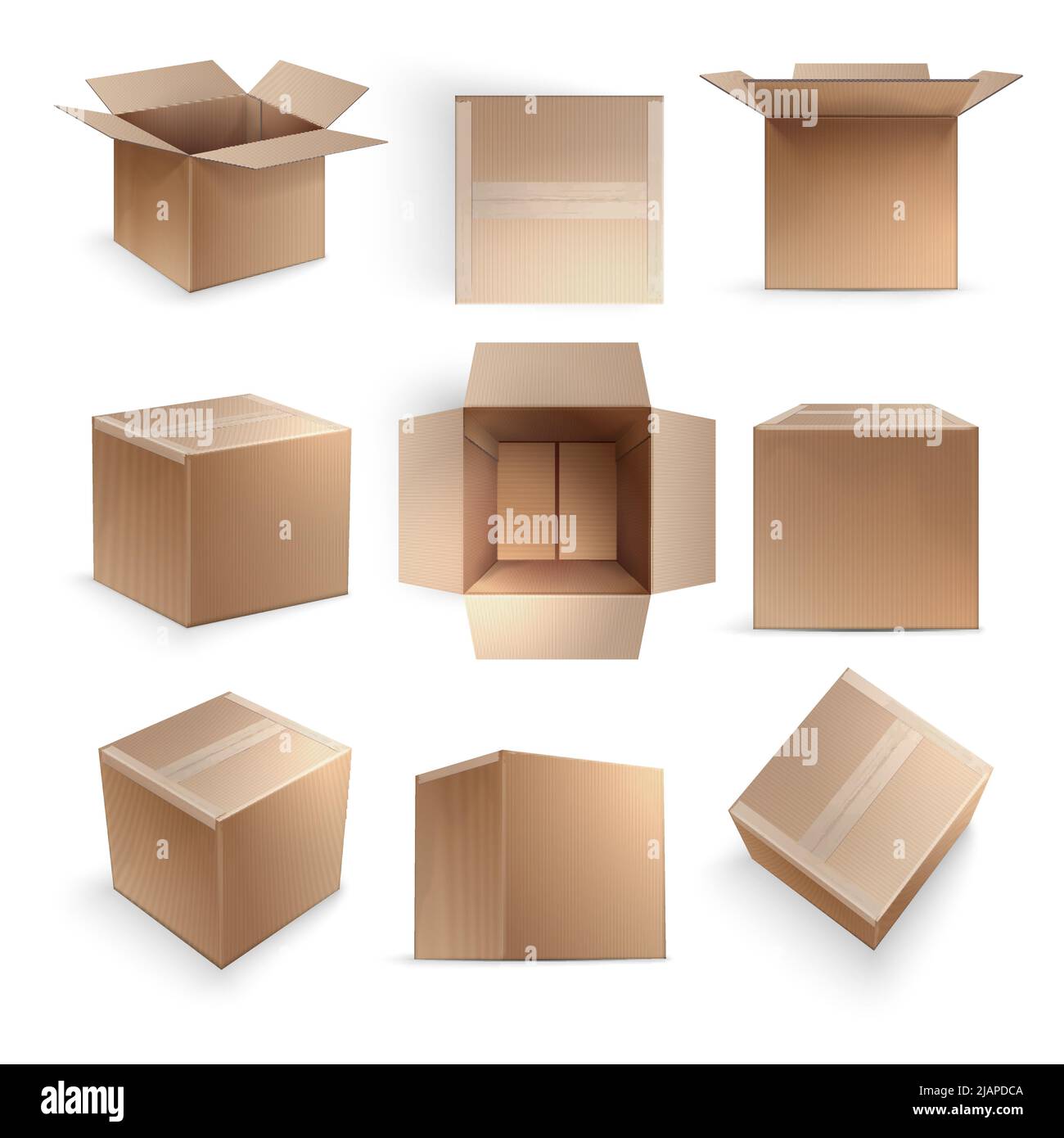 Realistischer Pappsatz von neun Boxen geöffnet oben geschlossen und Seitenansicht isoliert auf weißem Hintergrund Vektor-Illustration Stock Vektor