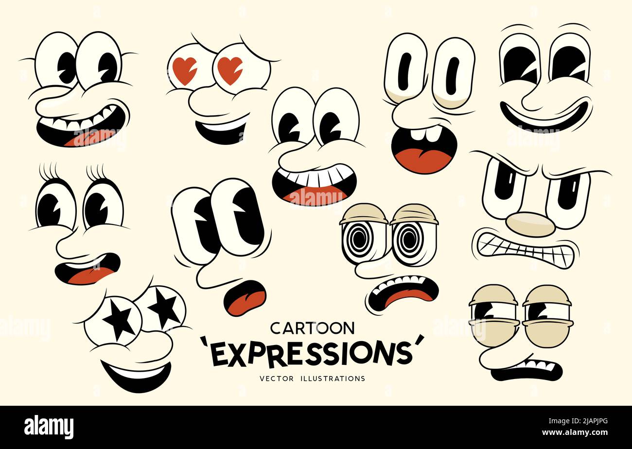 Eine Sammlung von klassischen Retro-Cartoon-Gesichtern und emotionalen Ausdrücken! vektorgrafik. Stock Vektor