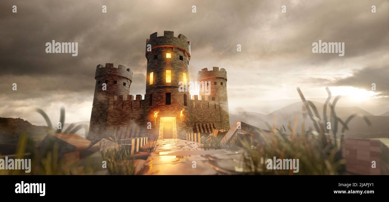 Eine alte und geheimnisvolle mittelalterliche Burg in einer wilden Landschaft. Fantasy 3D-Illustration. Stockfoto