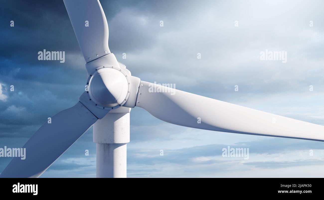 Eine Windkraftanlage mit sauberer Energie, die gegen einen bewölkten Himmel aufgestellt ist. 3D Abbildung Stockfoto