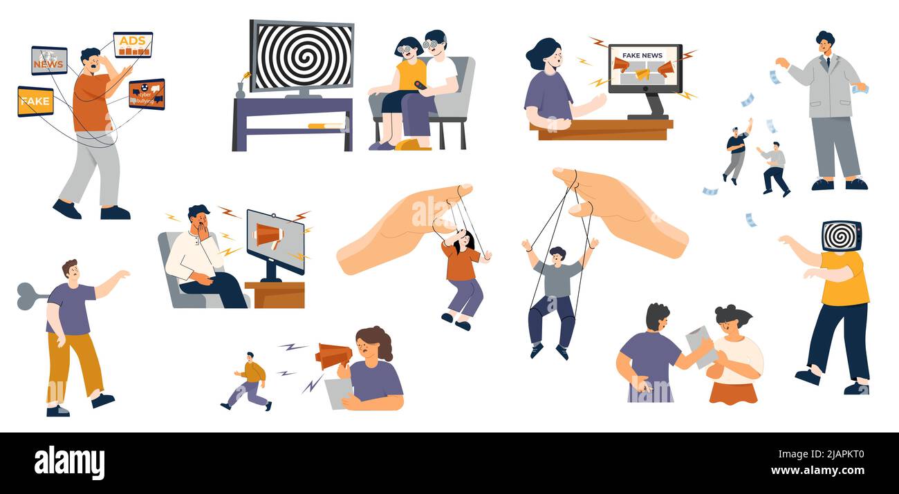 Menschen Manipulation Set mit flachen isolierten konzeptuellen geistigen Ikonen und menschlichen Charakteren leiden unter psychologischer Gewalt Vektor Illustration Stock Vektor