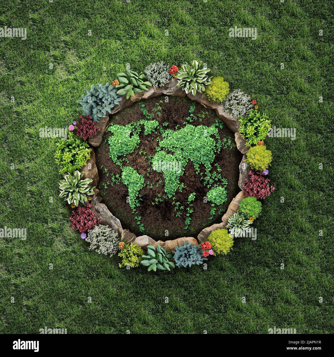 Erdtag-Landschaftsgestaltung Feier als ein internationales Konzept des Klimawandels oder umweltfreundliche Lebensraumschutz als Pflanzen geformt wie der Planet. Stockfoto
