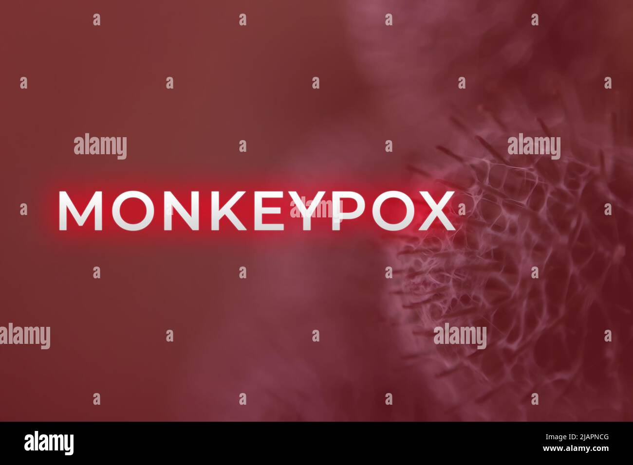 Monkeypox-Virus. Roter Hintergrund. Ausbruchskonzept. Virus, das von Tieren auf den Menschen übertragen wird. Affen können das Virus beherbergen und Menschen infizieren. Neue pande Stockfoto