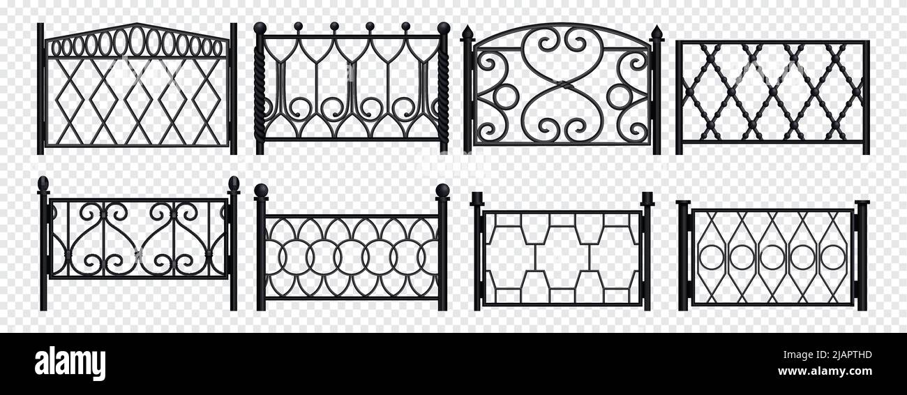 Geschmiedete Metallzaunabschnitte mit verschiedenen Mustern realistisch auf transparentem Hintergrund isoliert Vektor-Illustration gesetzt Stock Vektor